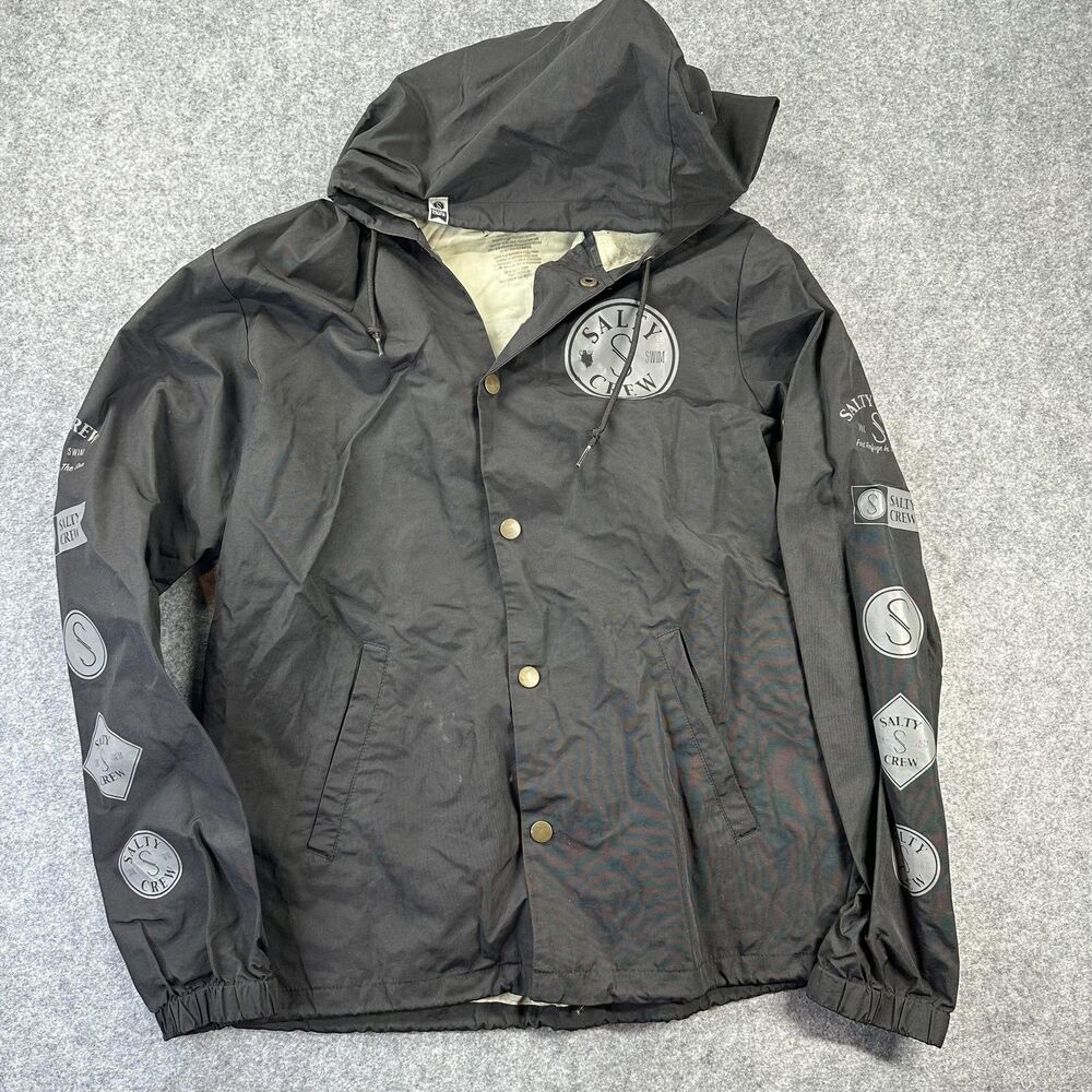 Salty Crew Jacket Mens Medium Black Hooded Nylon Snap Front Logo Windbreaker
